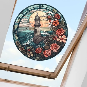 Detailed stained glass style lighthouse window sticker showing floral patterns on sunlit glass