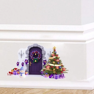 Detail of Christmas wall stickers featuring a purple arch door, snowmen, and festive trees