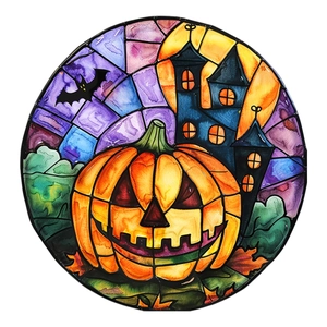 Dettaglio dell'adesivo zucca di Halloween stile vetro colorato con castello e pipistrelli
