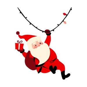 Festive Santa Claus wall sticker holding gift and colorful lights for Christmas decoration