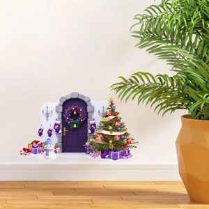 Detailed Christmas wall stickers set featuring a purple arch door, tree and snowman decoration