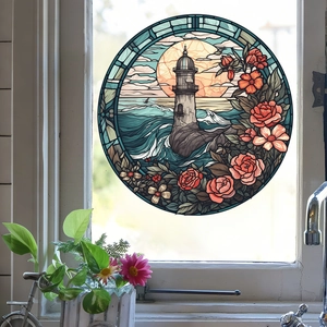 Detail of round stained glass window sticker with lighthouse design and floral rose borders