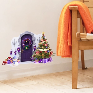 Detail view of Christmas wall stickers featuring a purple door, tree, and snowman decor