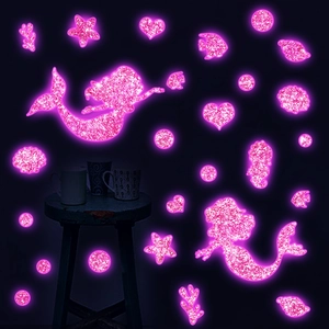 Pink Luminous Mermaid Wall Stickers For Kids Room Decor Glow In The Dark Glitter Ocean Marine Life Stickers DIY Wall Art