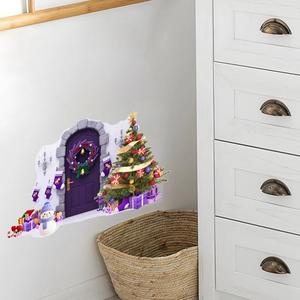Christmas wall decals with snowman, tree and gift boxes on indoor white wall decor