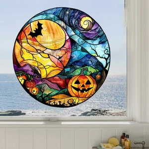 Dettaglio dell'adesivo per finestra di Halloween stile vetrata con zucca e luna piena