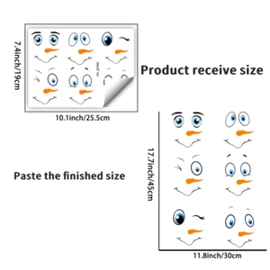 Detailed sheet showing snowman face decals for Christmas with sizing and layout dimensions
