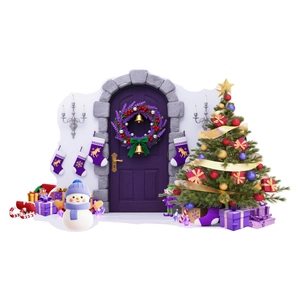 Christmas wall stickers set with purple arch door, festive snowman and decorated xmas tree