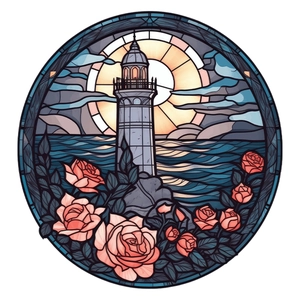 Lighthouse and roses stained glass style wall sticker with sunset ocean scenery