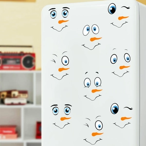Macro shot of cute PVC snowman face stickers set for Christmas fridge decoration