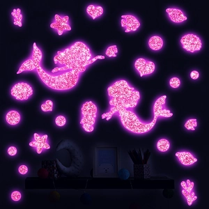 Glow-in-the-dark mermaid ocean wall stickers in pink glitter for kids room decor