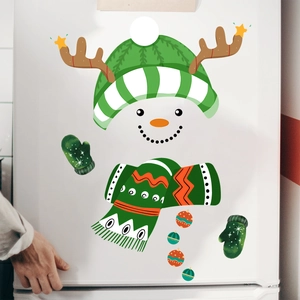 Detailed view of Christmas snowman fridge stickers featuring reindeer hat and red scarf