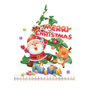 Cartoon Weihnachts Wandaufkleber mit Weihnachtsmann, Rentier und Weihnachtsbaum Dekor