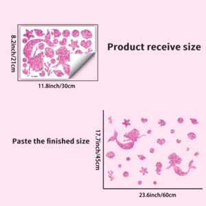 Pink glowing ocean wall decals showing sheet size 21x30cm and display layout 45x60cm