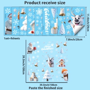 Dettaglio degli adesivi statici con Babbo Natale e renne con specifiche dimensionali