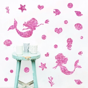 Pink glitter mermaid ocean wall stickers for kids bedroom and living room wall decoration