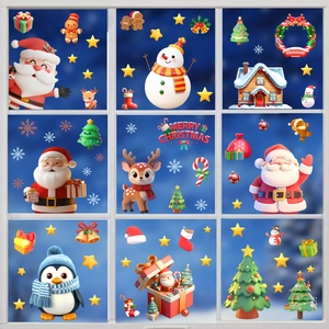 Adesivi natalizi 3D statici per finestre con Babbo Natale pupazzo di neve e renne