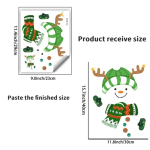 Detailed Christmas snowman PVC sticker set showing layout dimensions and DIY assembly guide