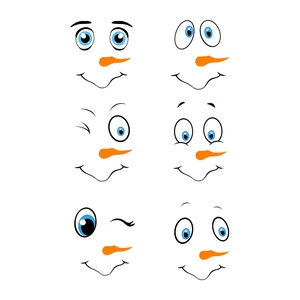 6 sets of cute cartoon snowman face stickers with blue eyes and orange carrot nose icons