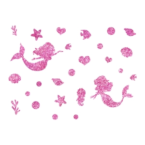 Pink glitter mermaid wall decals set featuring sea stars and seahorse for bedroom decor