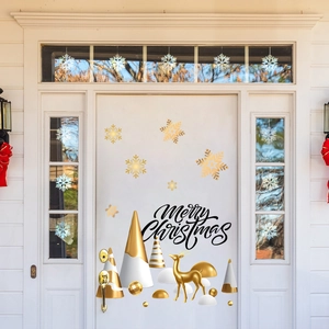 Modern Christmas door stickers featuring golden snowflakes, trees and Merry Christmas text