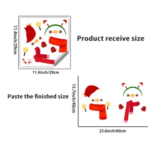 Detailed size chart for Christmas snowman wall stickers showing layout and finished dimensions