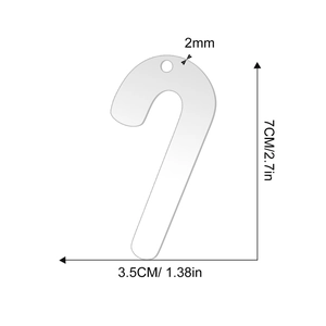 Detailed size specifications for a clear acrylic candy cane shaped Christmas tree ornament