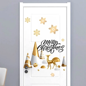 Detail of gold reindeer and geometric Christmas tree decals on a white modern door