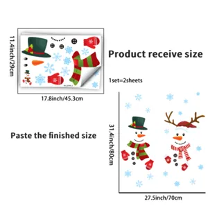 Size guide for snowman wall sticker set showing sheet dimensions and finished display layout