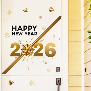Golden 2026 Happy New Year door sticker decoration with festive bells and snowflakes
