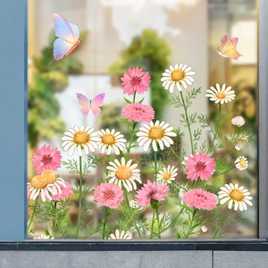 Vibrant floral window clings featuring colorful butterflies and daisies for home decoration