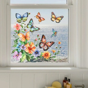 Detailed scene of colorful butterfly and flower static window clings on glass with sea view