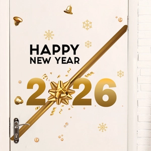 Golden 2026 Happy New Year door decoration set with ribbons and metallic stars