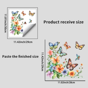 Detail view of colorful butterfly and floral window clings with exact dimensions