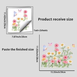 Detailed view of floral and butterfly wall stickers with size dimensions and specifications