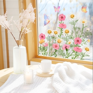 Floral and butterfly glass window decals for home decor with daisies and colorful accents