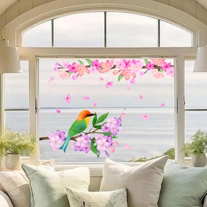 Colorful floral branch and bird window decals for home glass decoration with sea view background
