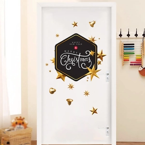 Modern Christmas and New Year door sticker set with gold stars and bells in home interior