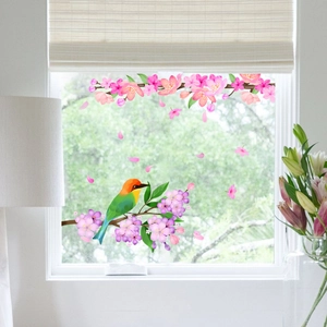 Colorful bird and pink cherry blossoms decorative static window glass sticker for home