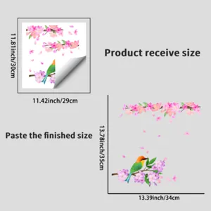 Detailed size guide for cherry blossom and bird wall decals with exact measurements