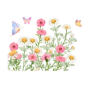 Floral wall sticker featuring pink cornflowers, white daisies and colorful butterflies