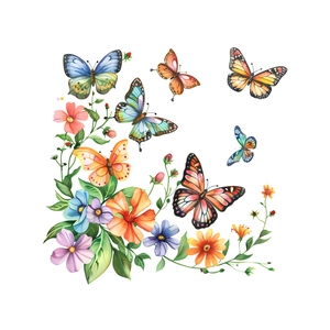 L-shaped watercolor floral window decals with colorful butterflies for room decoration