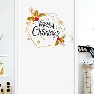Elegant black and gold Merry Christmas door sticker with festive holly and berry ornaments