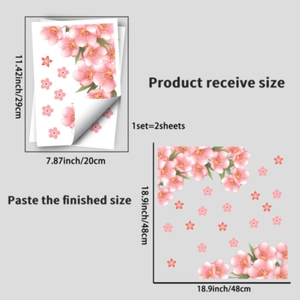 Detail of pink cherry blossom window decals showing product size and assembly view