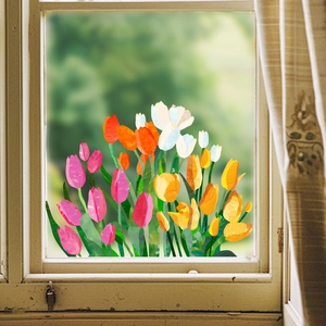 Colorful hand-painted tulip floral glass window film for privacy and home decoration