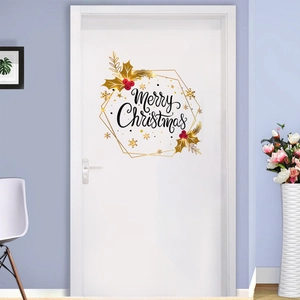 Elegant Merry Christmas door decal with gold holly and berries for holiday home decoration