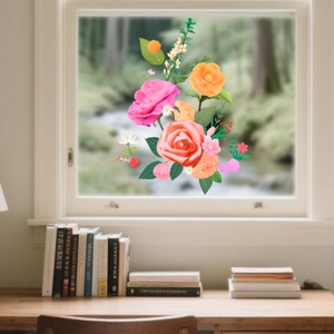 Self-adhesive floral window film featuring orange camellias and pink roses for home decor
