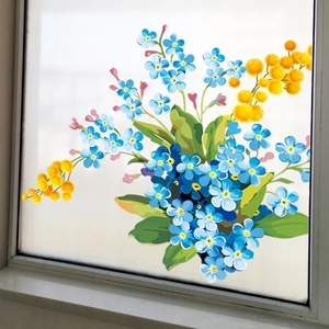 Pellicola decorativa per vetri con fiori blu e gialli dipinti a mano su vetro smerigliato