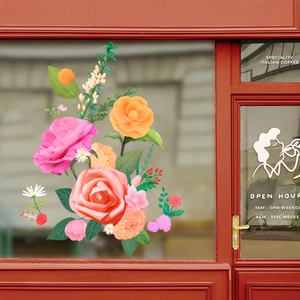 Floral window stickers with orange camellias and pink roses for home and kitchen decor