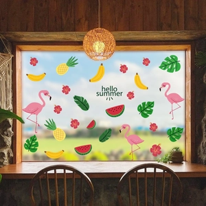 Summer Tropical Flamingo Window Stickers Static PVC Glass Decals Pineapple Watermelon Leaves Decorative Window Clings For Glass Door Home Store